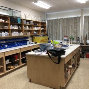 science lab with shelving against wall