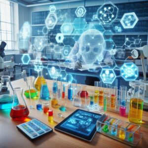 science lab with chemicals on table with floating chemical symbols above table