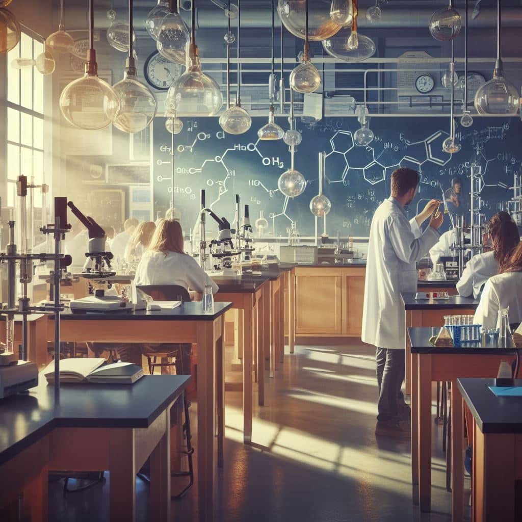 chemistry classroom with chemical symbols on blackboard