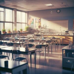chemistry classroom with desk and chairs