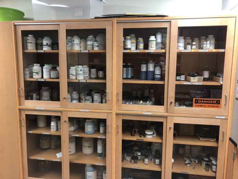 Science lab cabinets with chemicals. View during a safety inspection.
