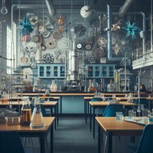 Science Classroom with Desks Blue