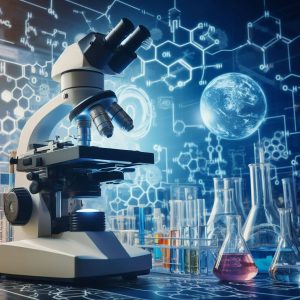 microscope with chemical symbols and flasks and vials